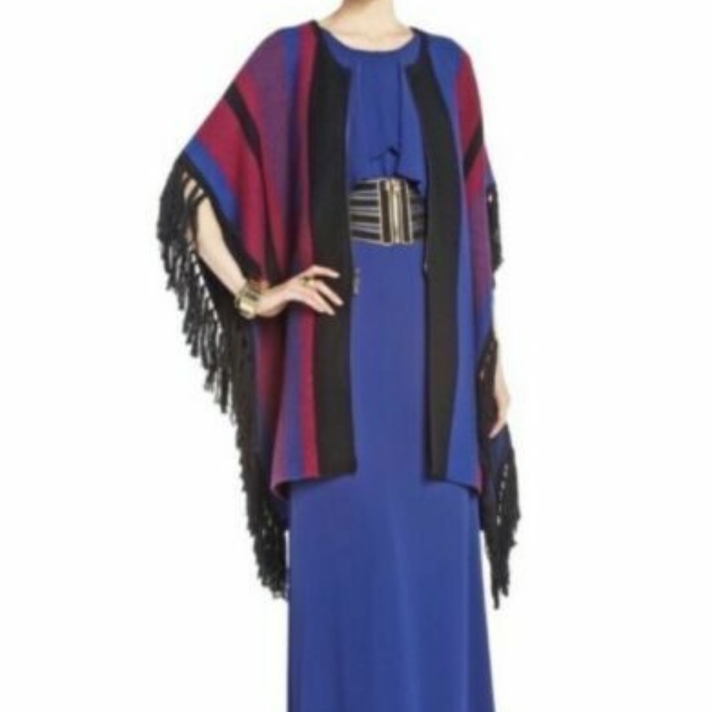 BCBGMAXAZRIA Dakota Fringe Stripe Poncho Sweater S